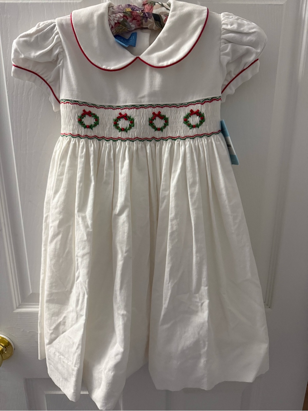 NEW Anavini White Cotton Pincord Smocked Dress with Embroidered Wreaths
